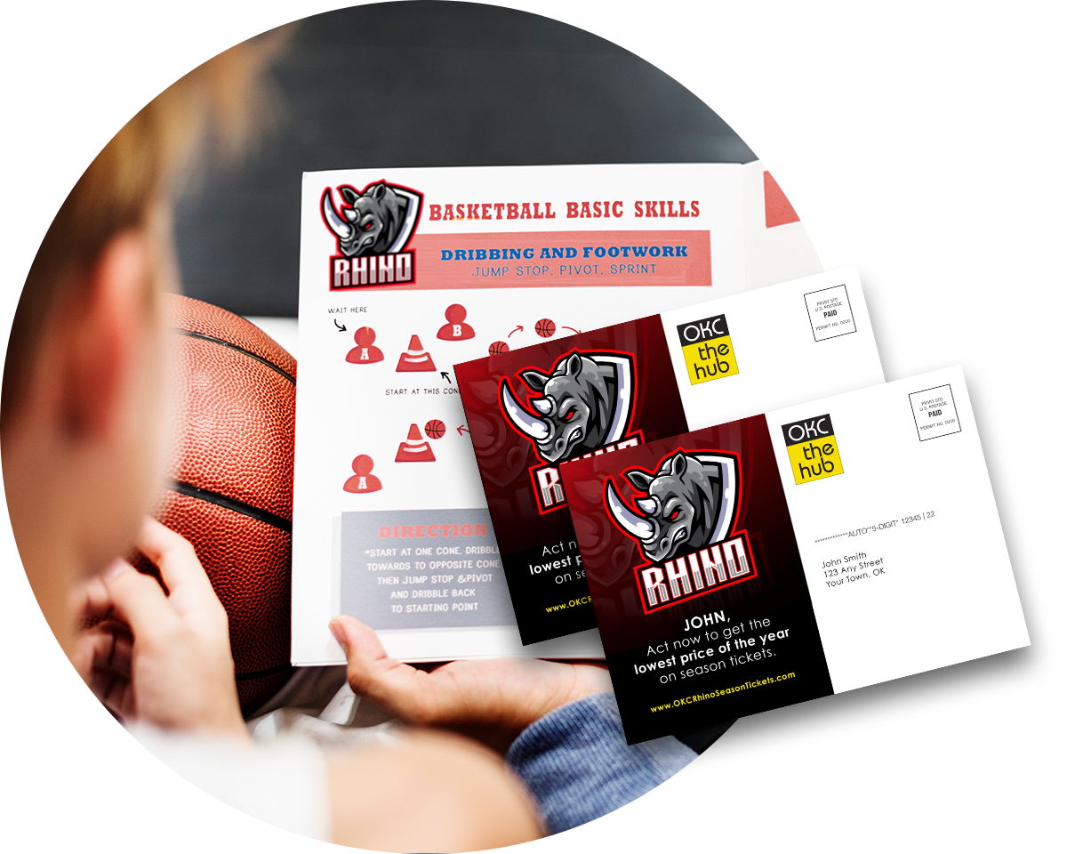 A young boy reading a brochure about basketball basic skills with an overly of two direct mail pieces.