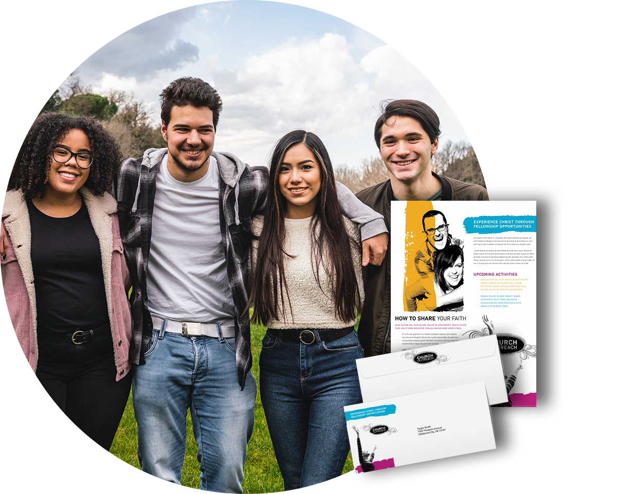 A group of young adults smiling at the camera with an overly of faith based printed stationery.