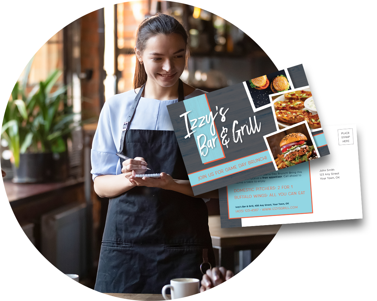 A waiter taking an order with an overlay of two direct mail postcards.