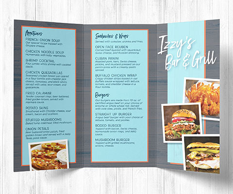 A tri-fold Izzy's Bar & Grill Take out menu. The gray and light blue menu features images of food and a list of available take-out items.