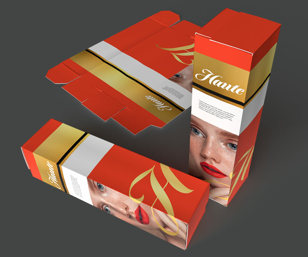 A lipstick package with a woman with red lips. The package is red with gold embellishments.